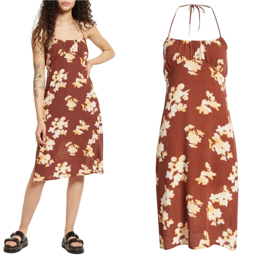 BP Nordstrom Halter Midi Dress In Brown Ivory Floral Size S Sundress Sleeveless